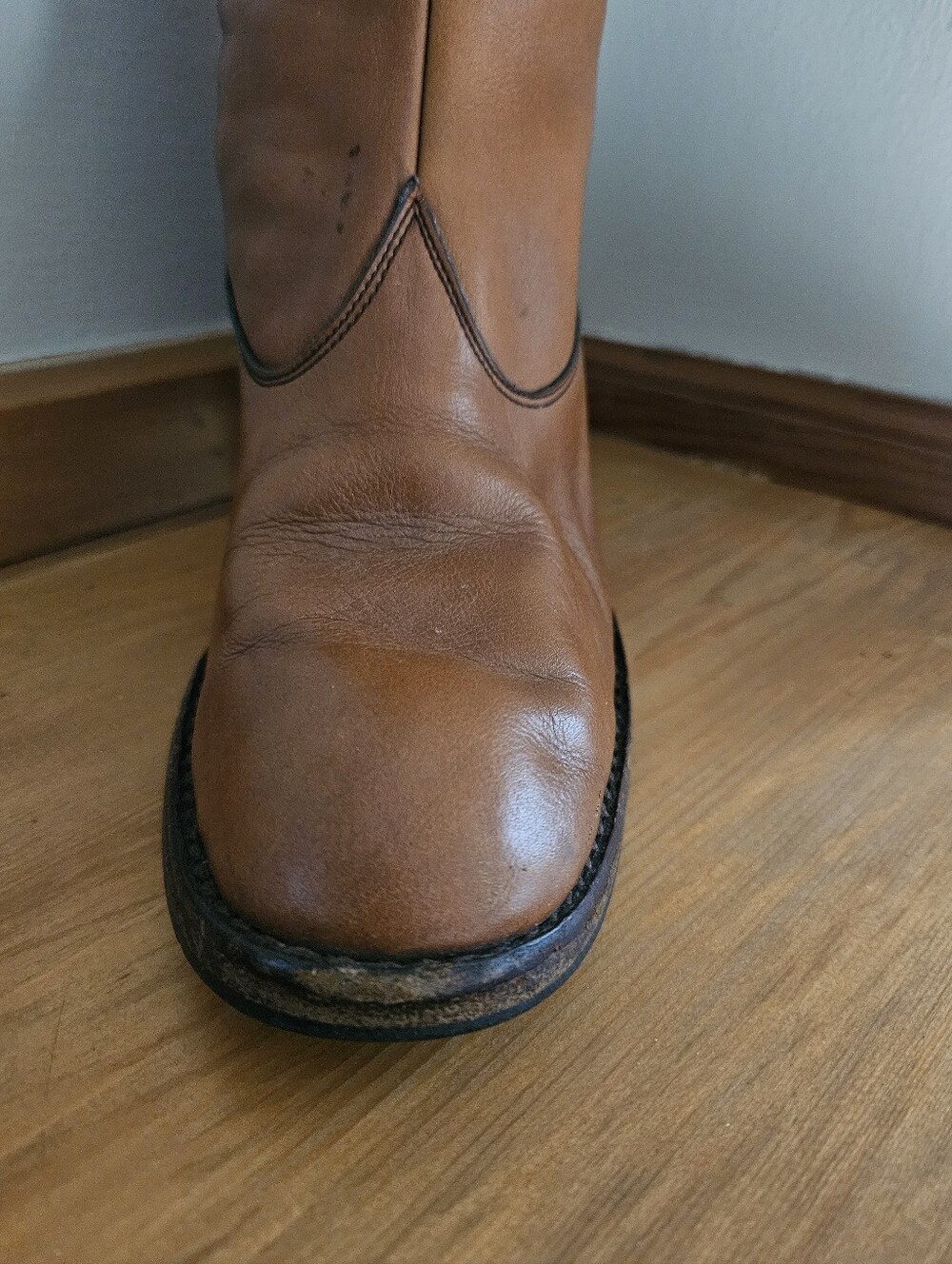 70's Italian Cognac Leather Knee High Riding Heeled Boots *flawed* - Picture 10 of 16